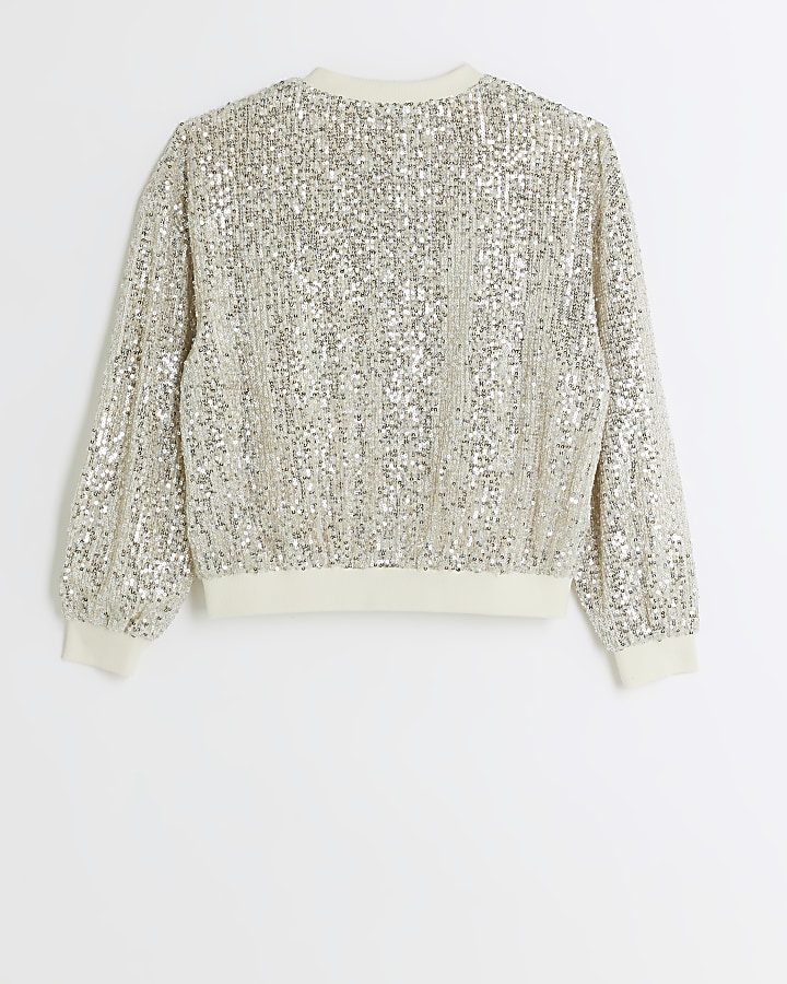 Girls silver sequin bomber jacket | River Island