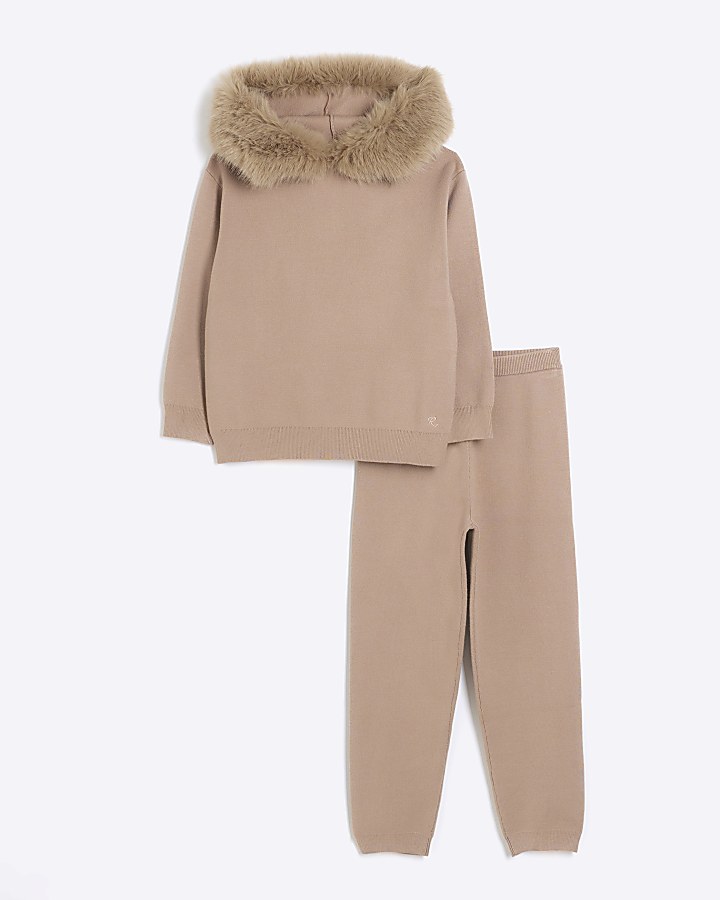 Girls Beige Faux Fur Hoodie and Joggers Set