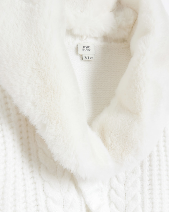 Girls cream faux fur cable knit cardigan | River Island
