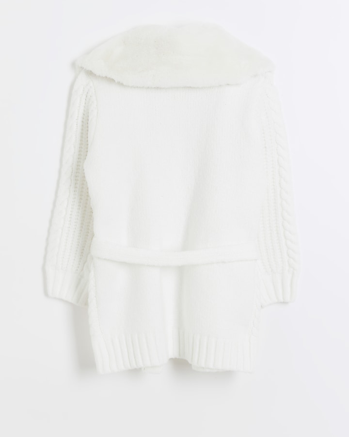Girls cream faux fur cable knit cardigan