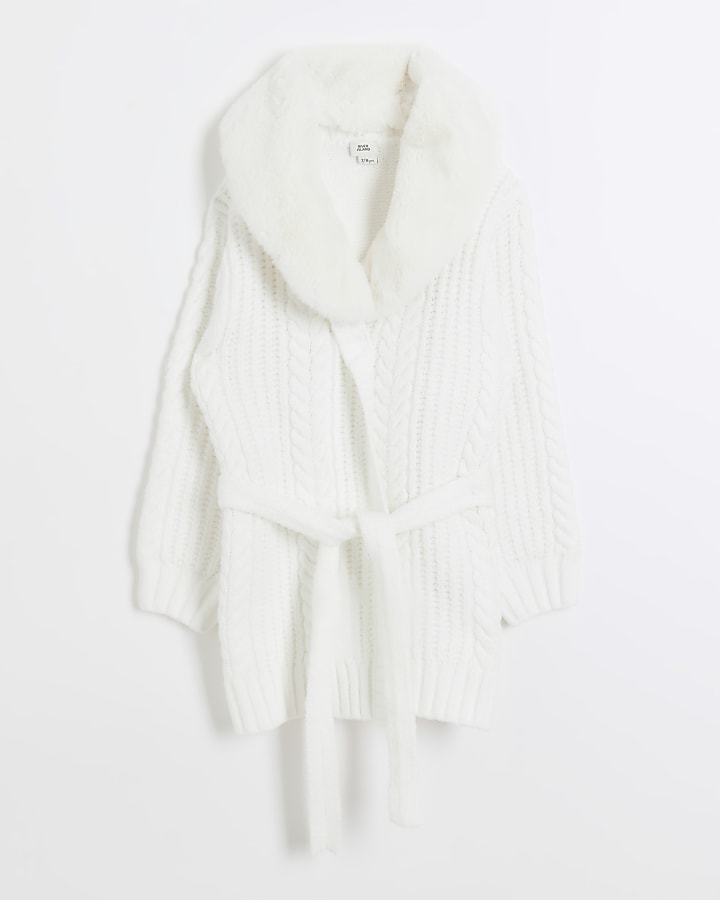 Girls cream faux fur cable knit cardigan