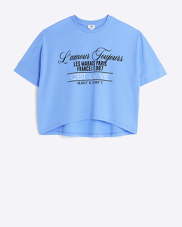 Girls blue graphic crop t-shirt