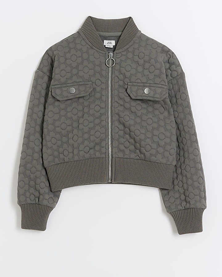 Girls grey floral quilted bomber jacket