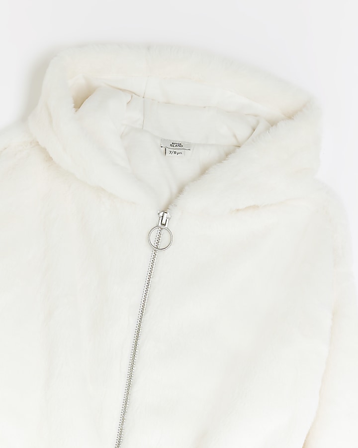 Girls cream zip through faux fur hoodie