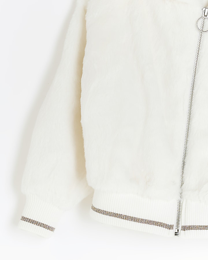 Girls cream zip through faux fur hoodie