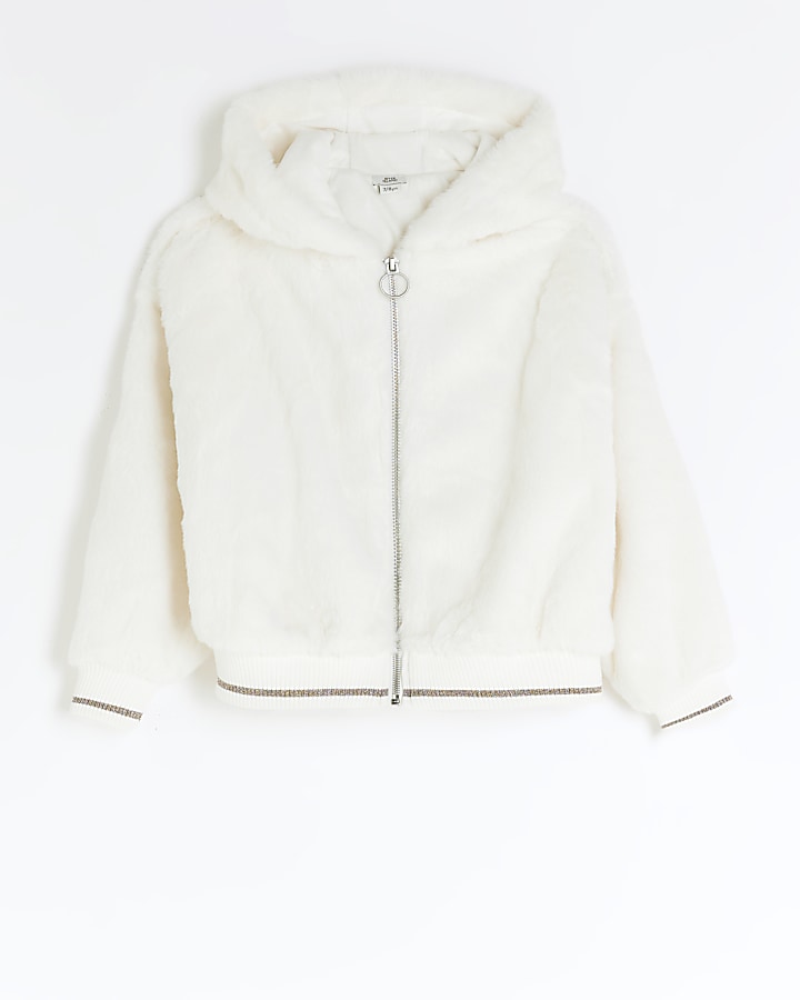 Girls cream zip through faux fur hoodie | River Island