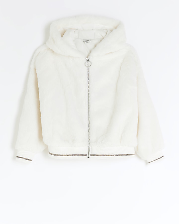 Girls cream zip through faux fur hoodie