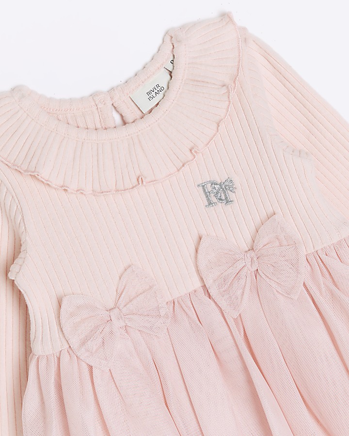 Baby girls pink long sleeve mesh bow dress