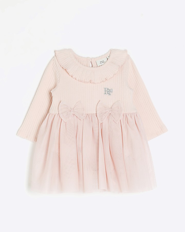 Baby girls pink long sleeve mesh bow dress
