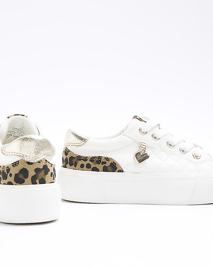 Girls white leopard print trainers