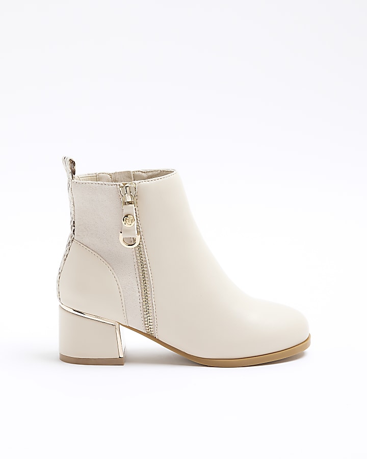 Girls cream wide fit side zip heeled boots