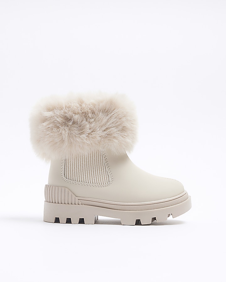 Mini girls cream fur cuff boots River Island