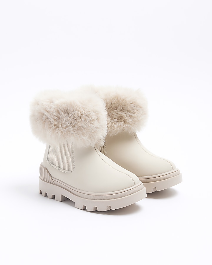 Mini girls cream fur cuff boots