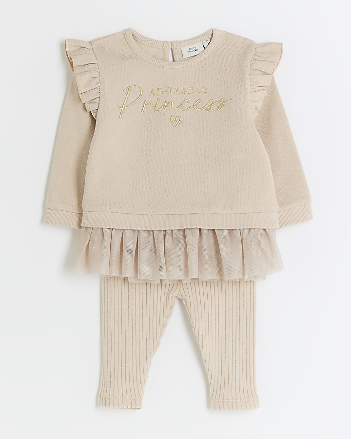 Baby girls beige peplum top and leggings set River Island
