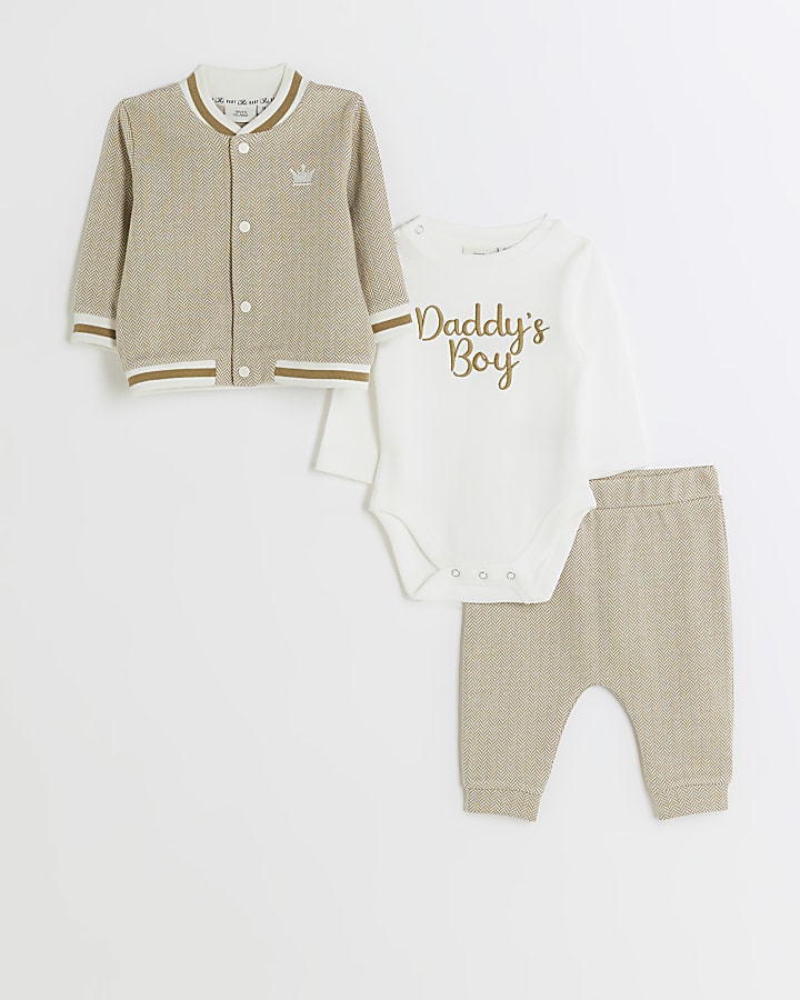 Baby boys beige herringbone bomber jacket set