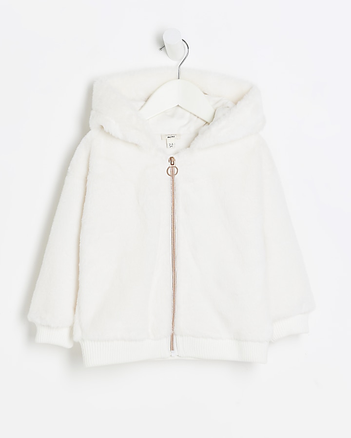 Mini girls cream faux fur hoodie