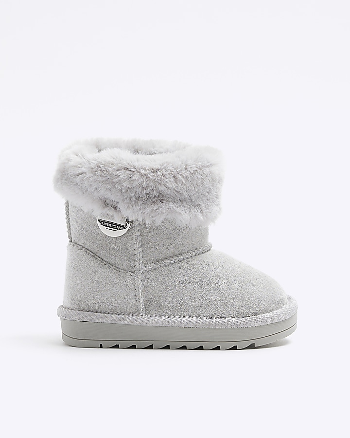 Mini girls grey faux fur lining wedge boots