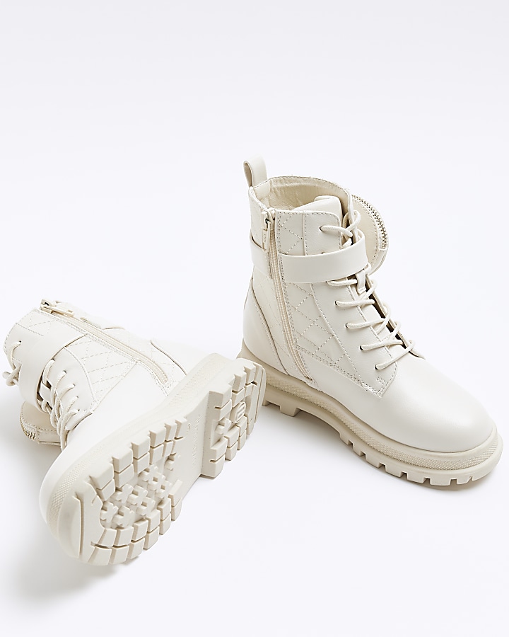 Girls wide fit cream nylon pocket boots