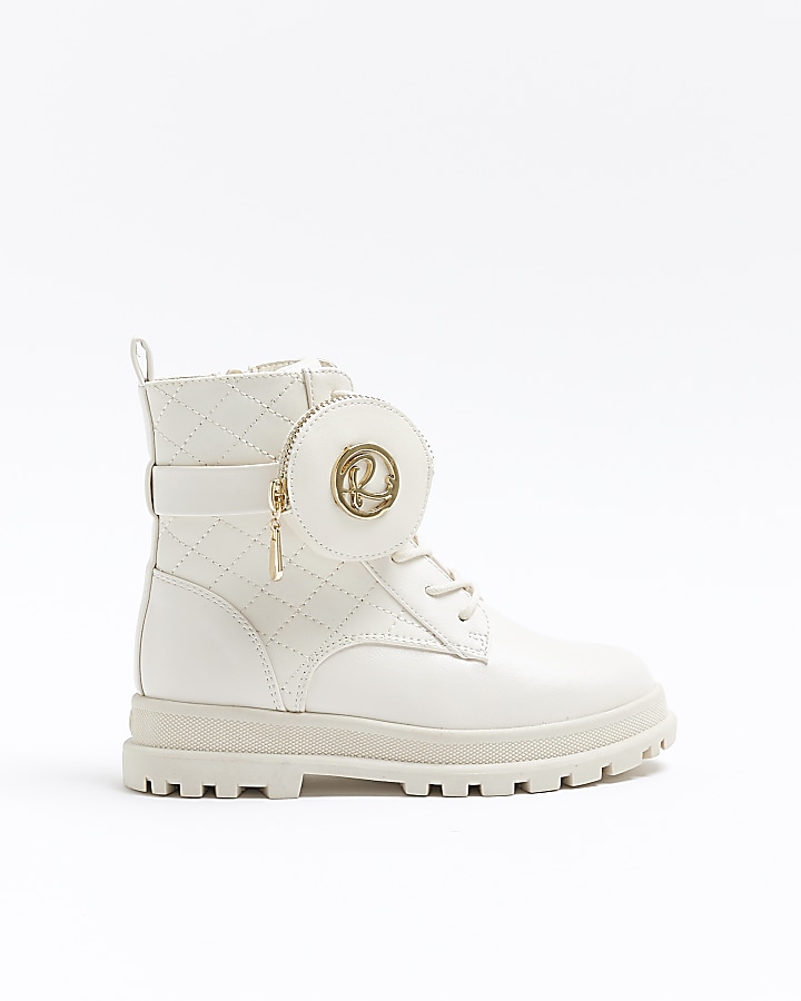 Girls wide fit cream nylon pocket boots