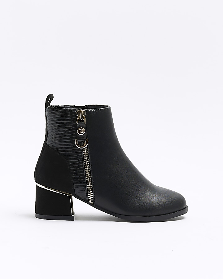 Girls black wide fit side zip heeled boots