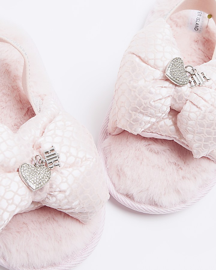 Girls pink diamante monogram bow slippers