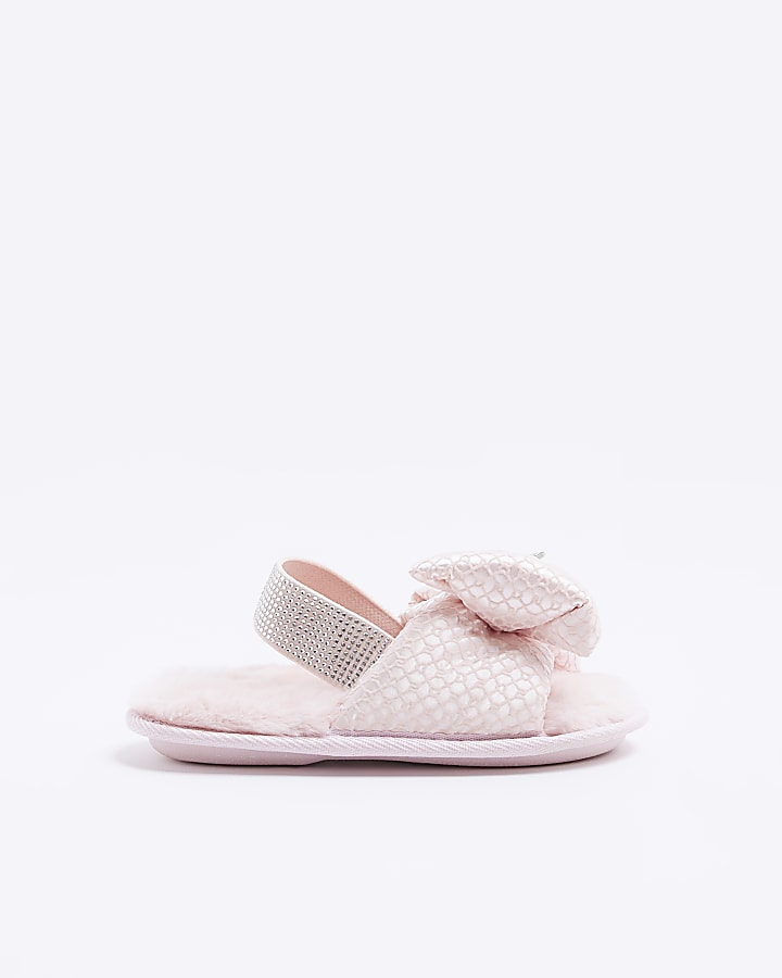 Girls pink diamante monogram bow slippers