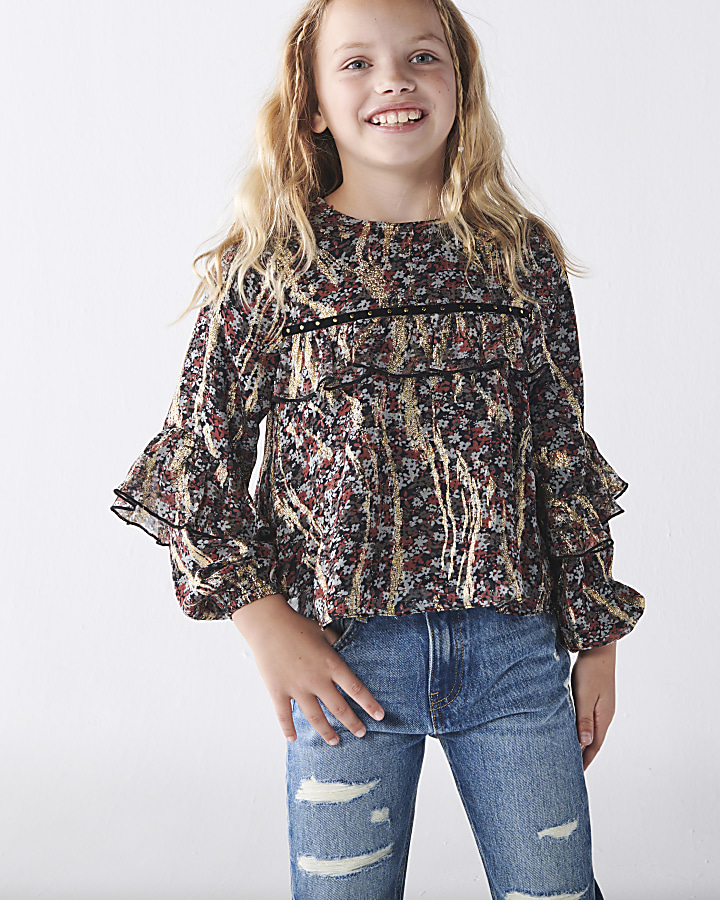 Girls brown floral frill blouse
