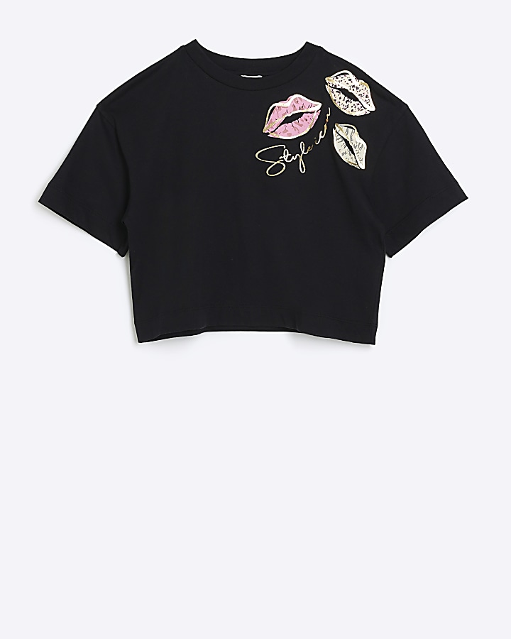 Girls black lips crop t-shirt