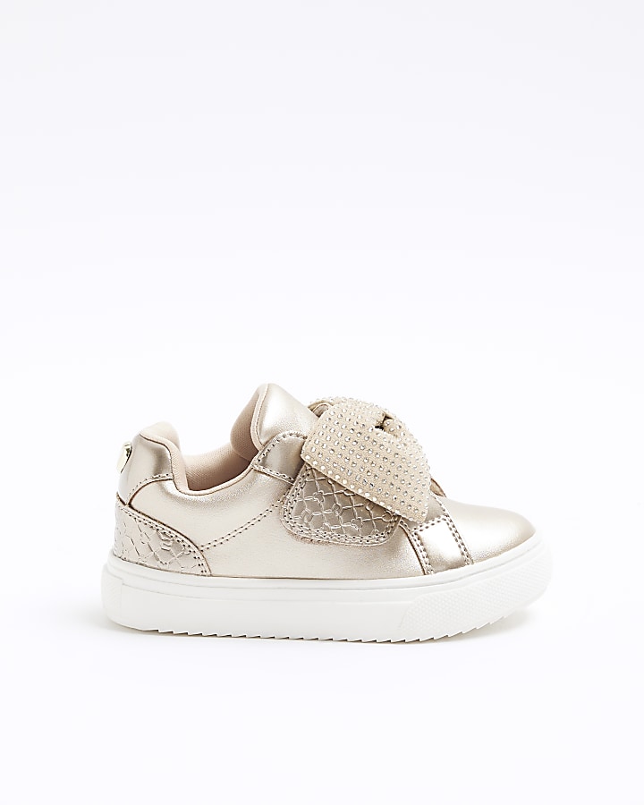 Mini girls rose gold bow trainers