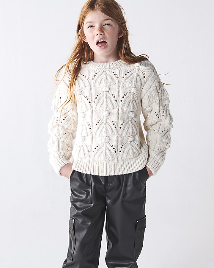 Girls cream pearl embellished jumper River Island