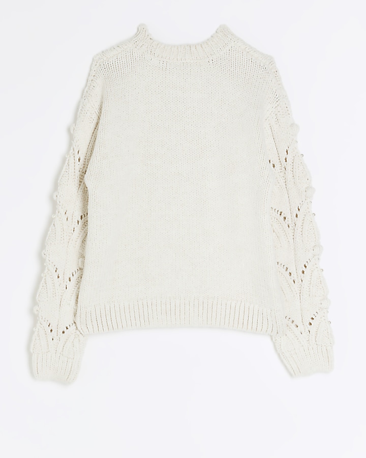 Girls cream pearl embellished jumper River Island