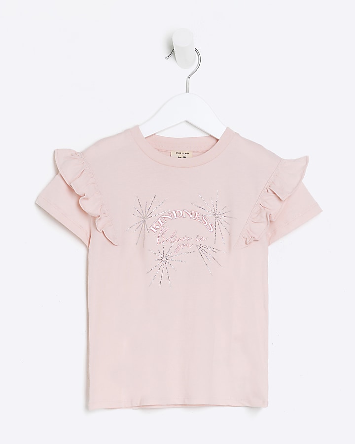 Mini girls pink frill kindness t-shirt | River Island