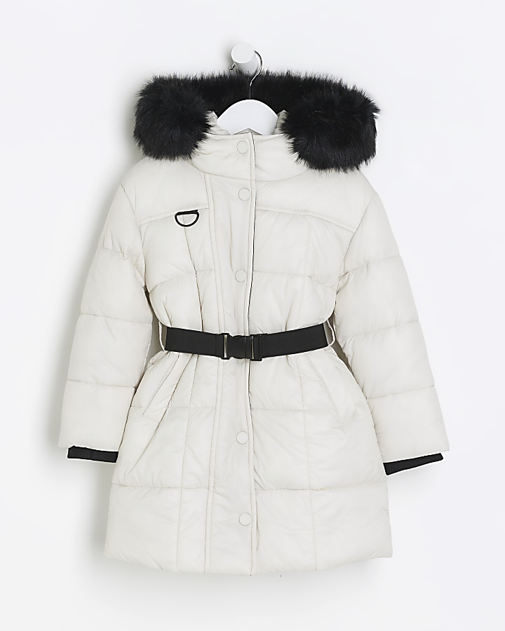 Mini girls cream faux fur hood puffer coat