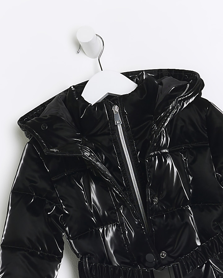 Mini girls black shine belted puffer jacket | River Island