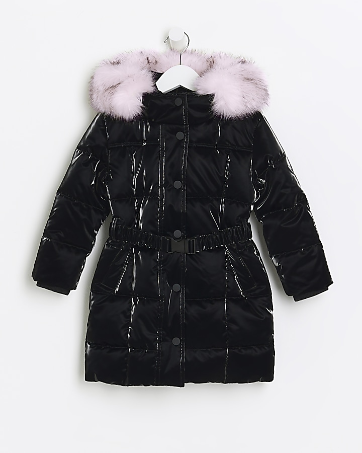 Mini girls black shine belted puffer jacket