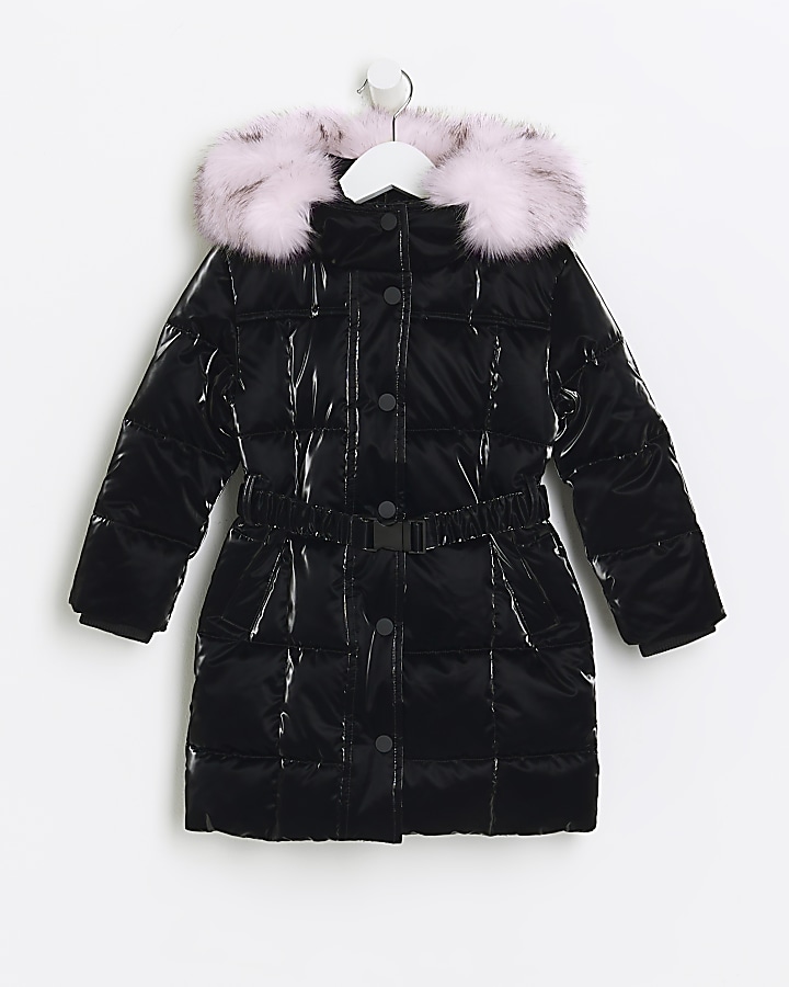 Girls black cheap high shine coat