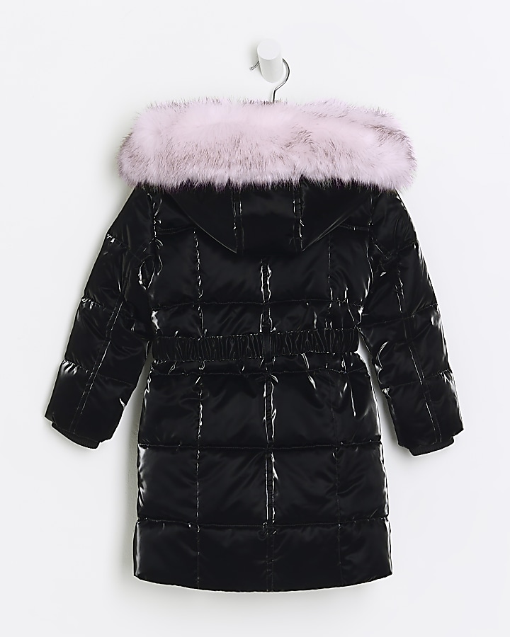 Mini girls black shine belted puffer jacket | River Island