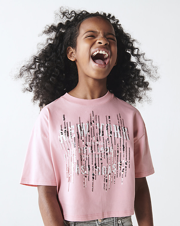 Girls pink sequin crop t-shirt | River Island