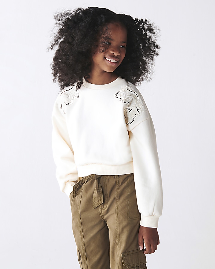 Girls ecru cut out embroidered sweatshirt