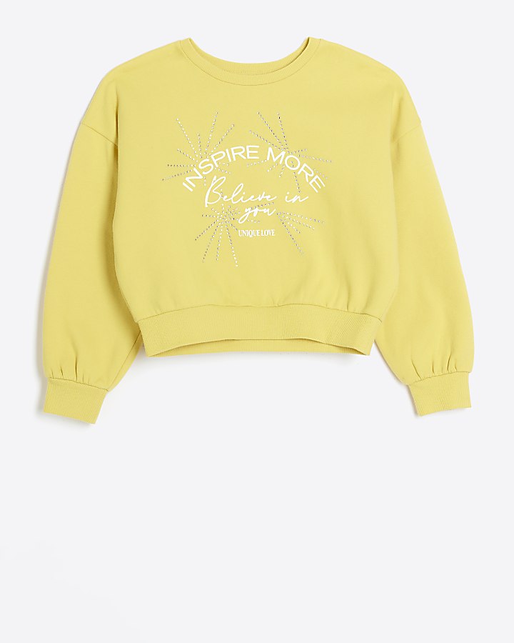 Girls yellow embellished sweatshirt | River Island