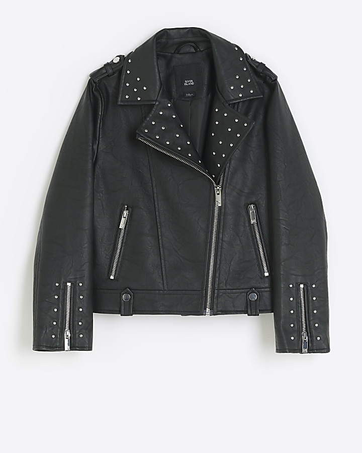 Girls black studded faux leather biker jacket