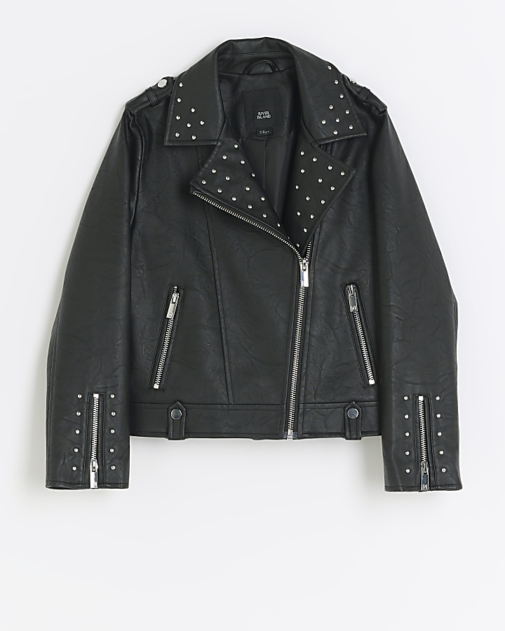 Girls black studded faux leather biker jacket