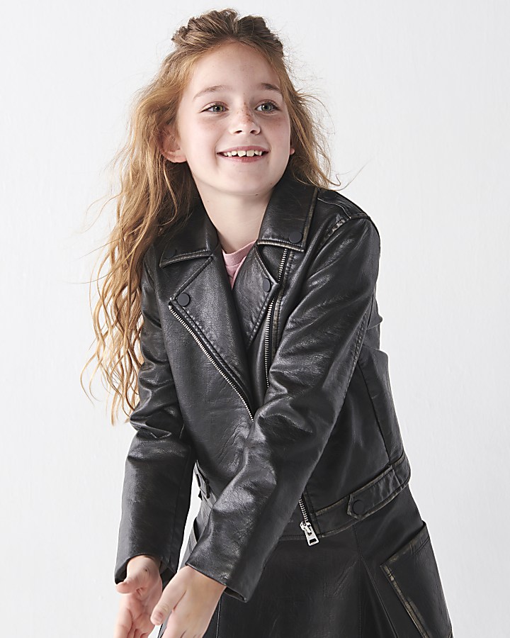 Girls Brown distressed faux leather jacket | River Island