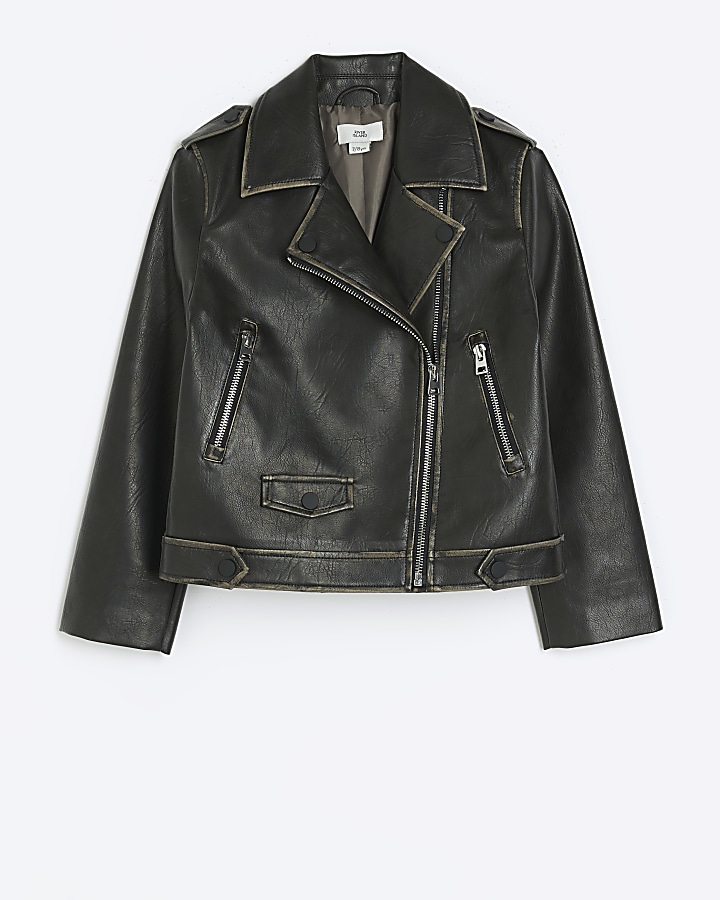 Girls Brown distressed faux leather jacket | River Island