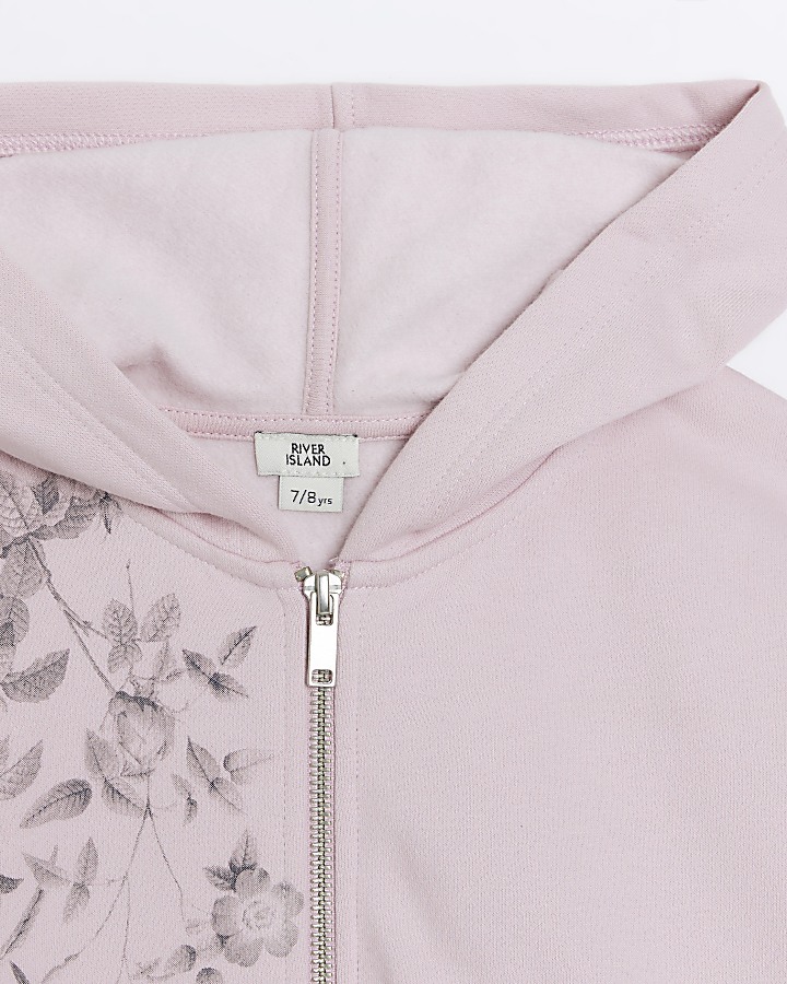 Girls pink floral zip up hoodie River Island