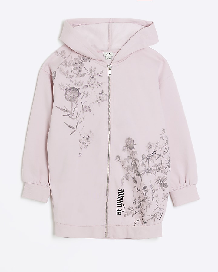 Girls pink floral zip up hoodie