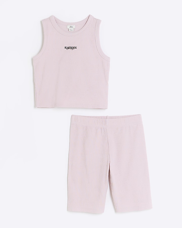 Girls pink rib tank top and shorts set
