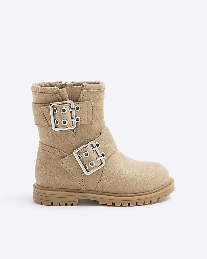 Mini girls beige buckle biker boots