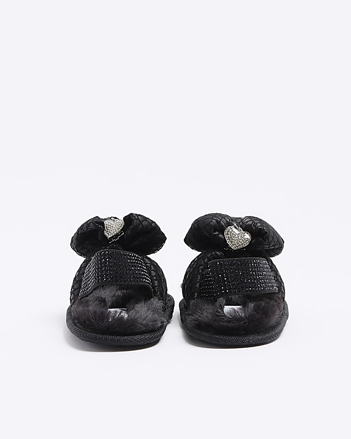 Mini girls black bow slippers