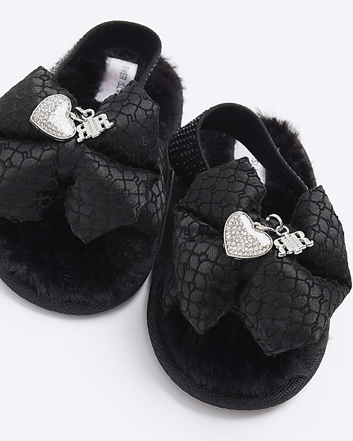 Mini girls black bow slippers